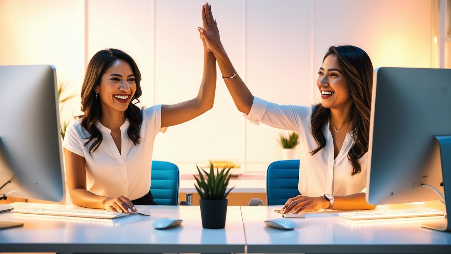 Dos mujeres emprendedoras celebrando frente a dos computadoras