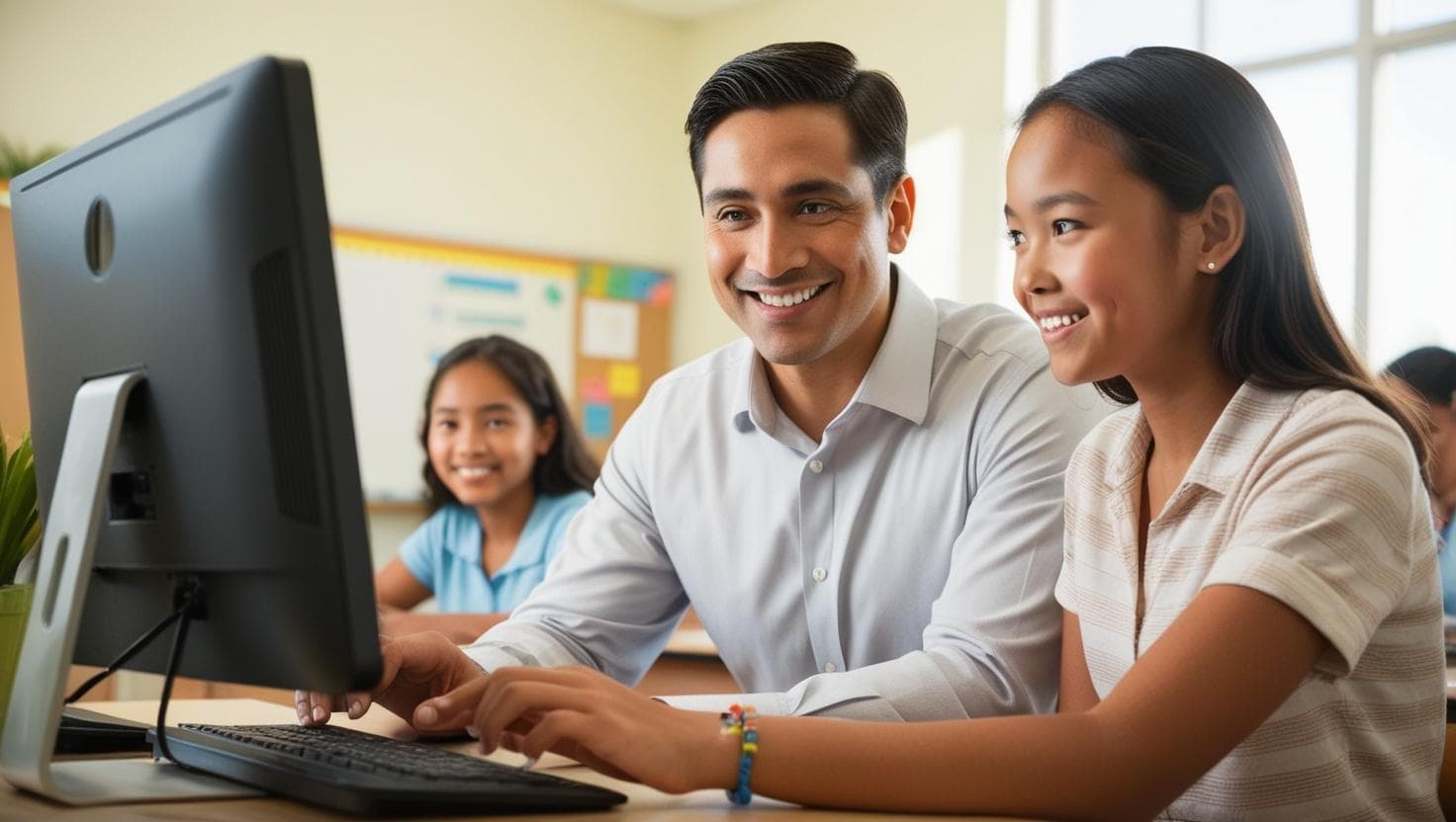 Un profesor con camisa blanca, enseñando a una estudiante a programar frente a una computadora